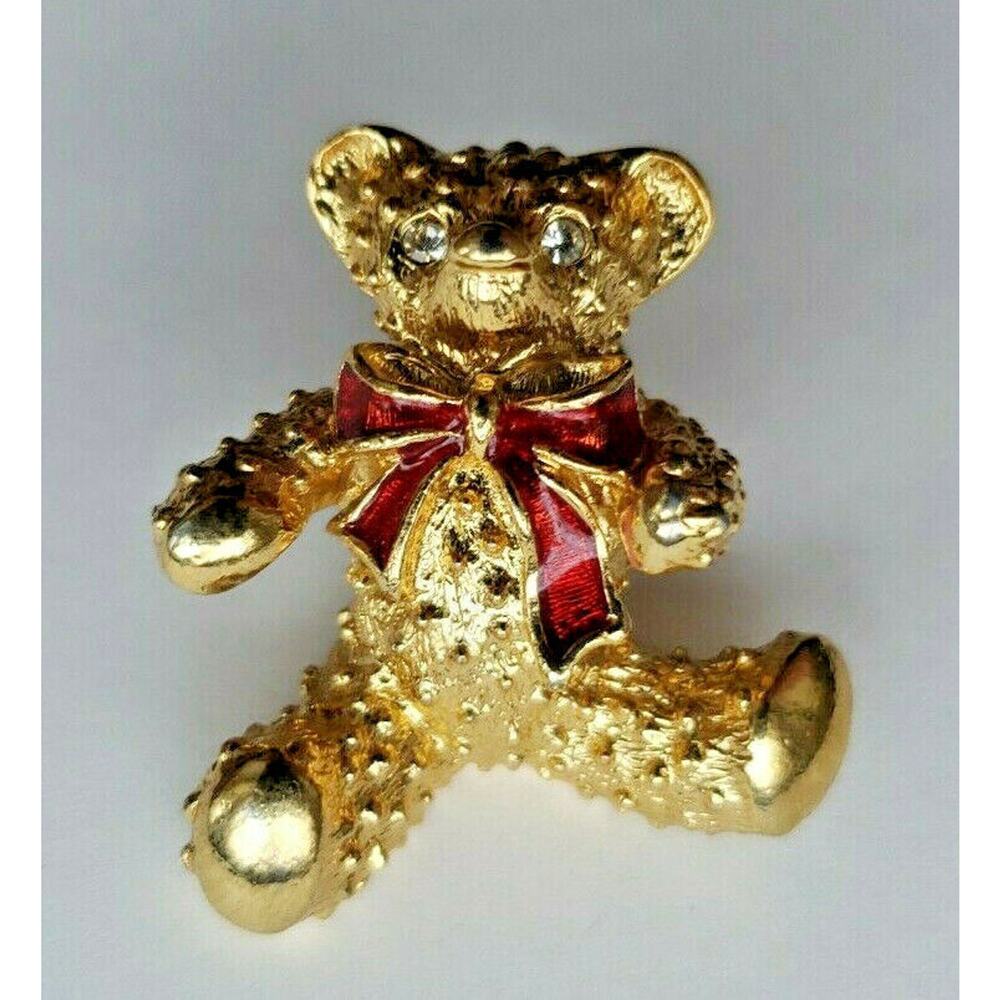 Vintage Teddy Bear Pin Gold Tone Red Bow Rhinestone Eyes A1-6